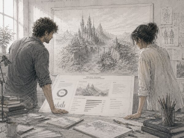 Pencil-sketch illustration of two creatives reviewing one structured report with a short prioritized summary, the finished concept art on the wall behind them