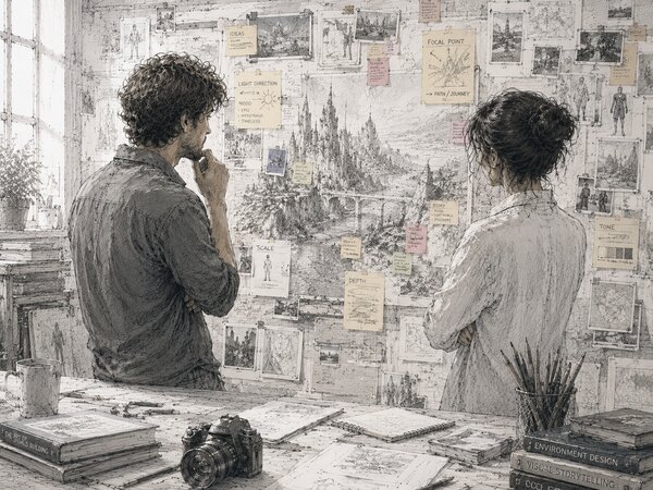 Pencil-sketch illustration of two creatives studying a large wall drawing covered in sticky notes that each label a specific element: focal point, scale, depth, light direction