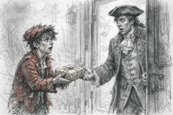 Pencil-drawn illustration of a young messenger boy handing a wrapped parcel to a surprised gentleman in a tricorn hat at his doorstep