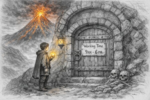 Pencil-drawn illustration of a young traveler holding a glowing orb in front of a locked stone door with a Working Time 9am to 6pm notice, an erupting volcano in the background