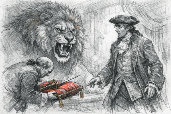 Pencil-drawn illustration of a roaring lion guarding a red velvet cushion while a servant presents it and a nobleman looks on cautiously