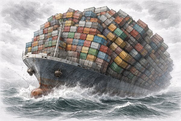 Pencil-drawn illustration of an overloaded cargo ship tilting under the weight of hundreds of colorful shipping containers in a stormy sea