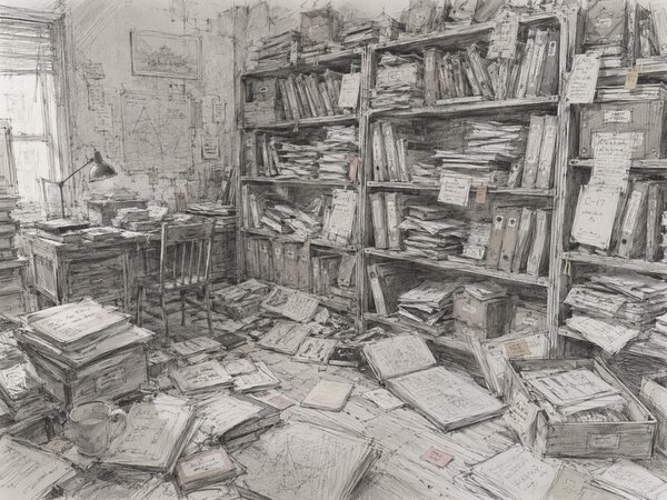 A visual metaphor for the disordered state of an unmanaged image library — licences and assets drifting apart, expiry dates unknown, contracts buried in inboxes.