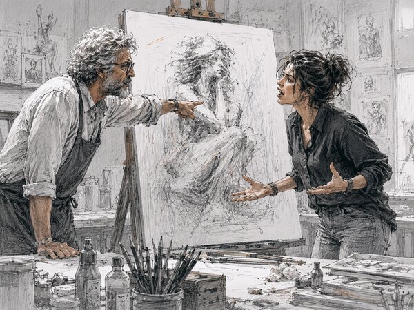 Pencil illustration of two people disagreeing across an easel in an art studio — one pointing at the charcoal figure drawing on the canvas, the other answering with open hands.
