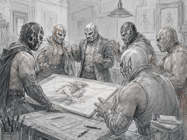 Sketch of six masked luchador wrestlers squaring up around a review table, all arguing over the same drawing.