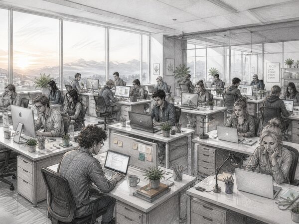 Pencil sketch of an open-plan office at sunset, each person at their own desk and laptop with a row of windows opening onto distant mountains — the same team working calmly once every asset has its own place to live