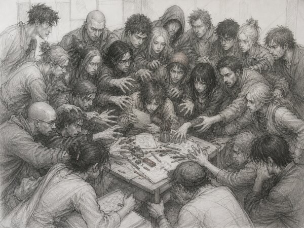 Pencil sketch of around twenty people pressed shoulder to shoulder around a small table, all reaching toward the centre at once — a metaphor for a shared Drive that has outgrown the team trying to use it