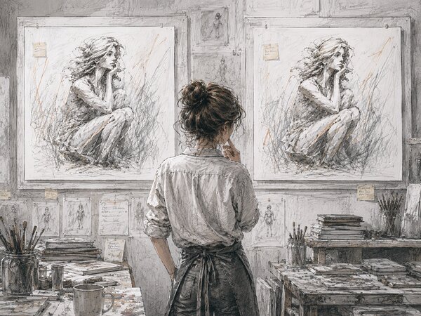 Pencil illustration of a woman standing in a studio facing two near-identical framed drawings of the same seated figure hung side by side, hand raised to her chin as she compares them.