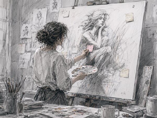 Pencil illustration of an artist at an easel holding a palette, reaching up to place a small note on the drawing, with more notes pinned around the canvas and to the studio wall.