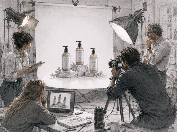 Pencil-and-wash sketch of a product photography studio: three skincare pump bottles arranged on a white sweep between two warm softboxes, a photographer at a tripod, an assistant on the left holding a clipboard, a reviewer at a laptop checking the shot preview, and an observer at the back-right