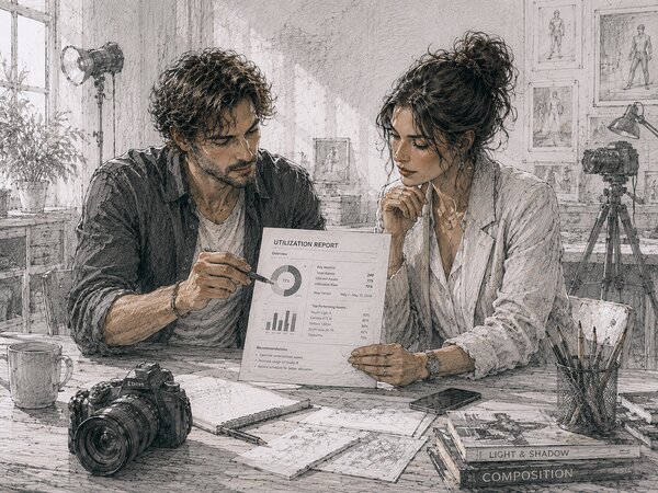 Pencil-and-wash sketch of a studio operator (left) and a client (right) jointly reviewing a single-page utilization report on a wooden desk; the report's title and charts are visible, with a DSLR camera, photography books titled Light & Shadow and Composition, and a coffee cup around them