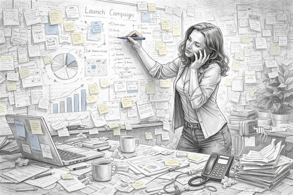 Scattered tools, messages, and spreadsheets representing the chaos of studio communication