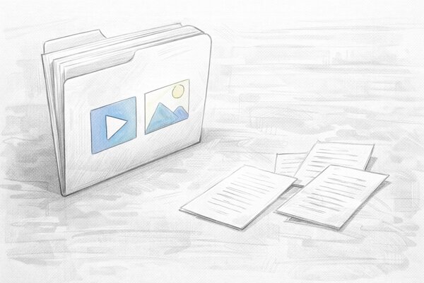 Pencil-drawn illustration of a media folder with video and image icons next to scattered text documents