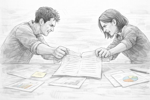 Pencil-drawn illustration of two people pulling a document in opposite directions, with charts and notes scattered around them