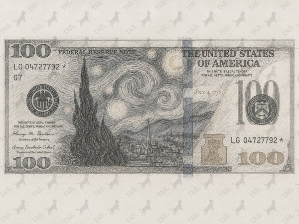 A pencil sketch of a US $100 banknote with Van Gogh's Starry Night replacing the central portrait, an example of the intricate engraving and embedded marks that have worked as physical watermarks for centuries
