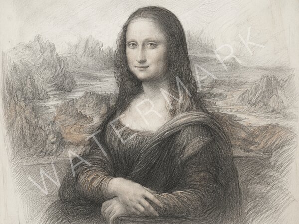 A pencil sketch of the Mona Lisa with the word WATERMARK running diagonally across the centre of the image