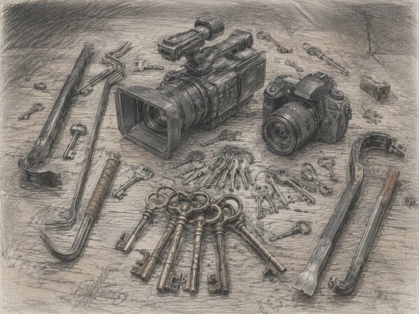 A pencil sketch showing two professional video cameras surrounded by an arsenal of skeleton keys, lock picks, and pry bars laid out on a wooden workbench