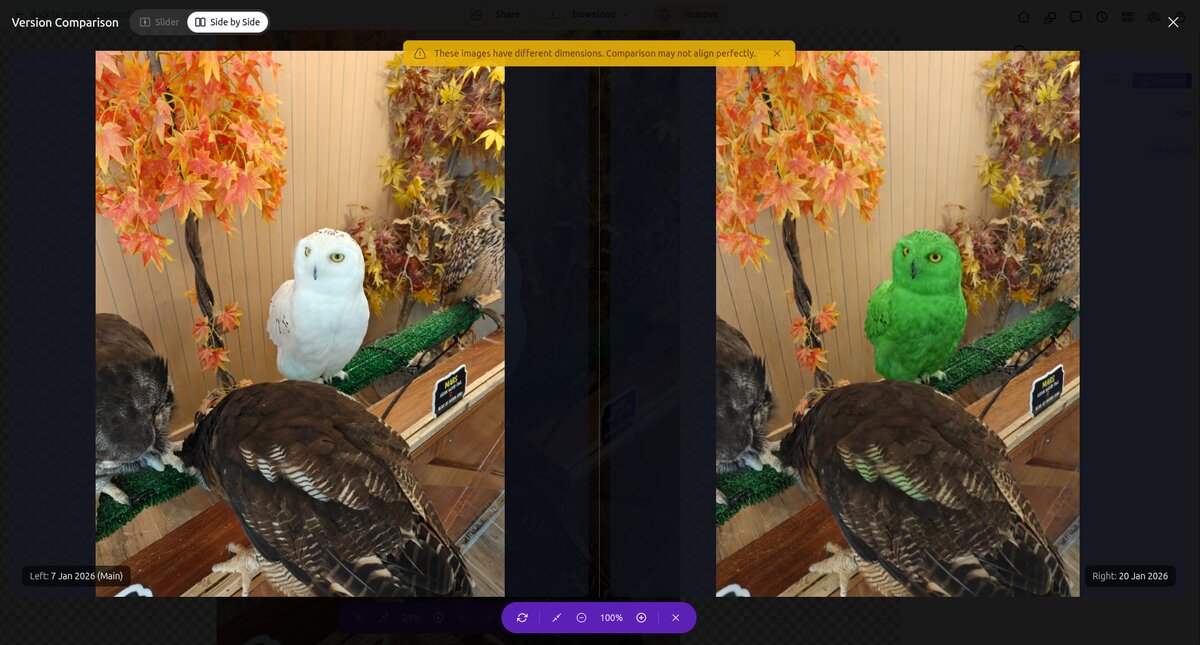 Compare two image versions side by side with a slider overlay
